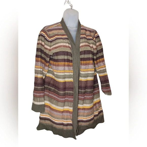 CHRISTOPHER & BANKS Brown Coatigan long sleeve multicolor sweater Dustercardigan - Picture 1 of 9